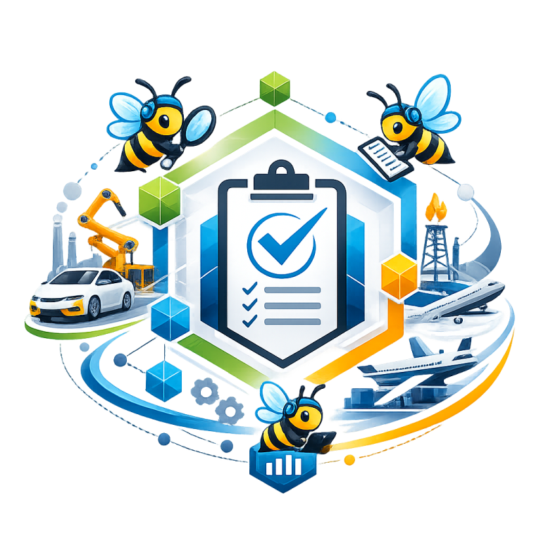 Internal Audit Software Colorful bees surround the "AuditHive" logo, illustrating an audit process cycle.