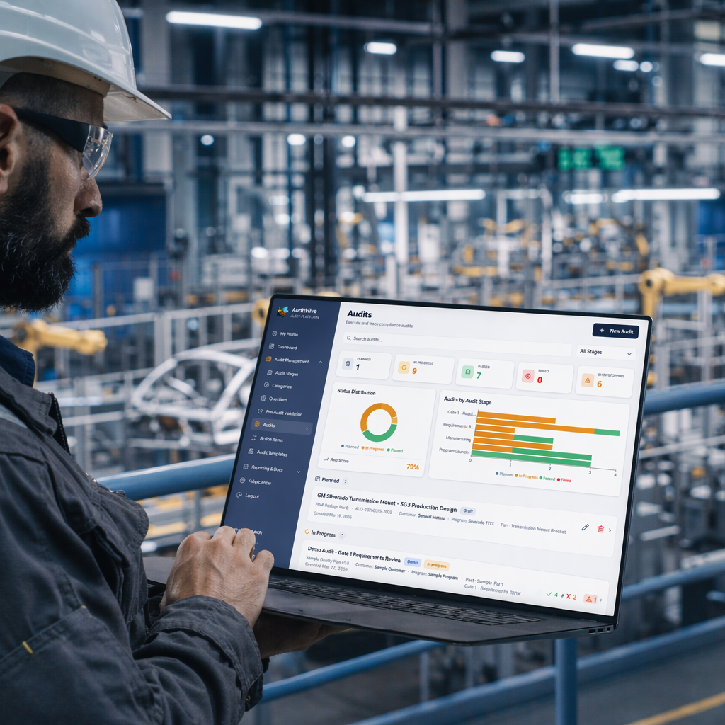 Internal Audit Software Worker in a hard hat using a laptop to monitor factory production data.