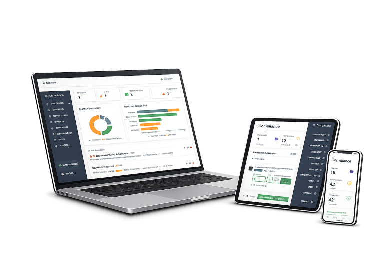 Configurable AI framework for internal audits Laptop, tablet, and smartphone displaying data analytics dashboard with charts and graphs.