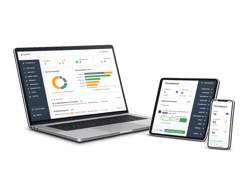 Configurable AI framework for internal audits Laptop, tablet, and smartphone displaying data analytics dashboard with charts and graphs.