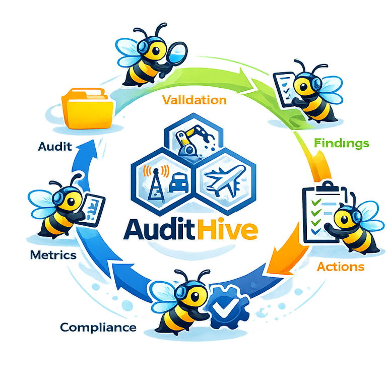 Internal Audit Software Colorful bees surround the "AuditHive" logo, illustrating an audit process cycle.