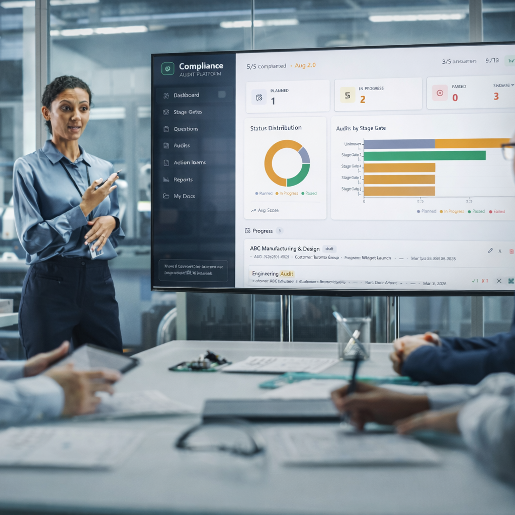 Configurable AI powered Internal audits replace spreadsheets A business presentation with a woman speaking to an audience, showing data on a screen.
