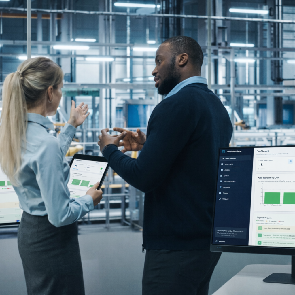 Internal Audit Software Two colleagues discussing in a modern office with screens displaying Internal Audit data.