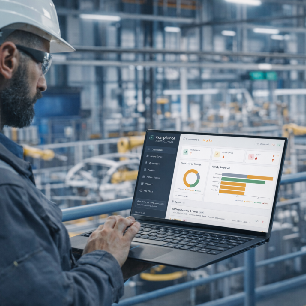 Internal Audit Software Worker in a hard hat using a laptop to monitor factory production data.