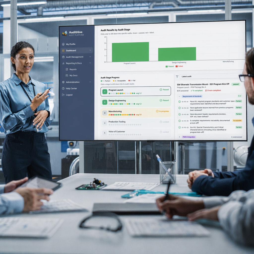 Configurable AI powered Internal audits replace spreadsheets A business presentation with a woman speaking to an audience, showing data on a screen.